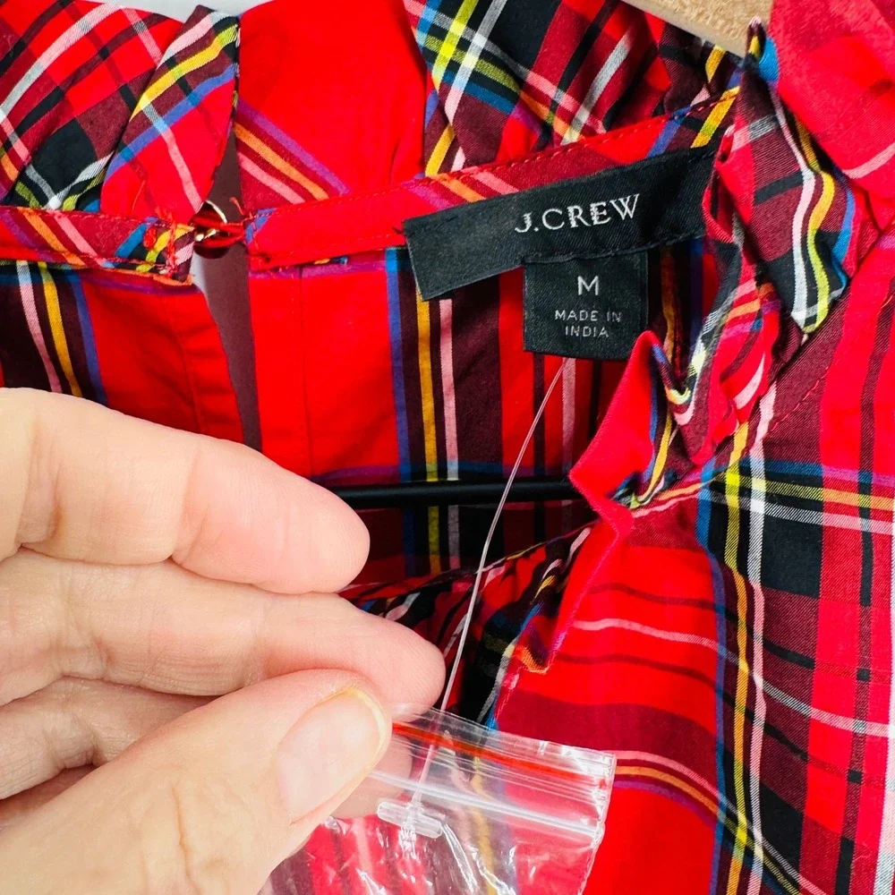 J. Crew Red Tartan Plaid Ruffle Neck Long Sleeve Blouse Size M‎ Preppy Holiday